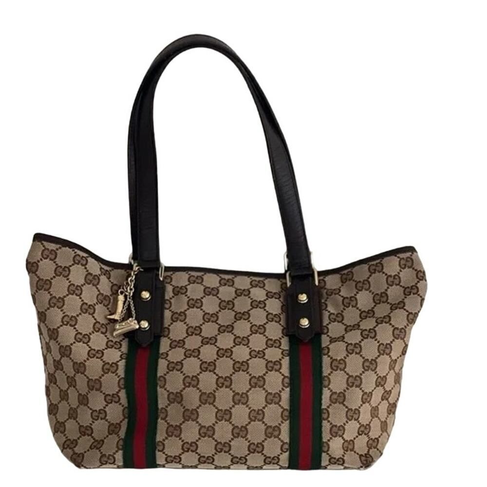 Authentic GUCCI Web Sherry Line Tote Shoulder Bag Charms GG Canvas Leather Brown